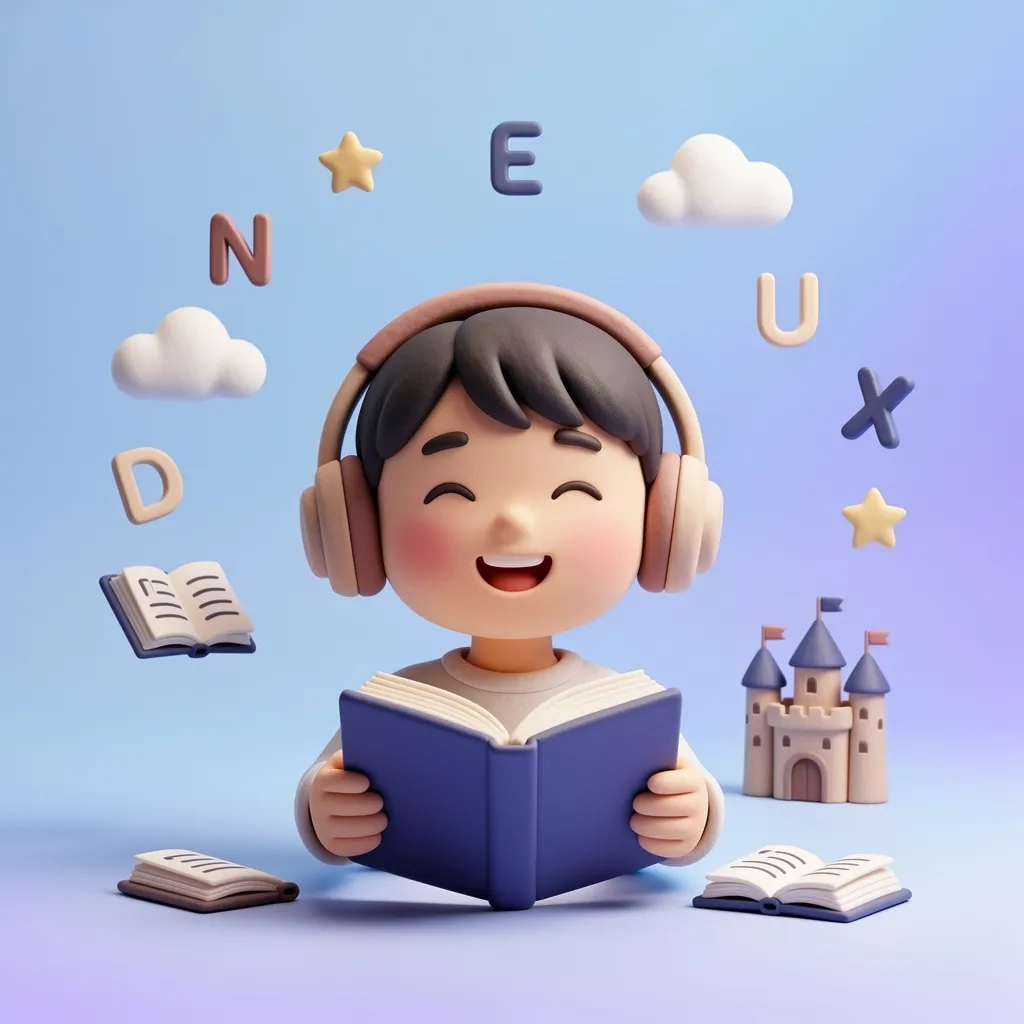 A happy child wearing headphones, enjoying English audiobook