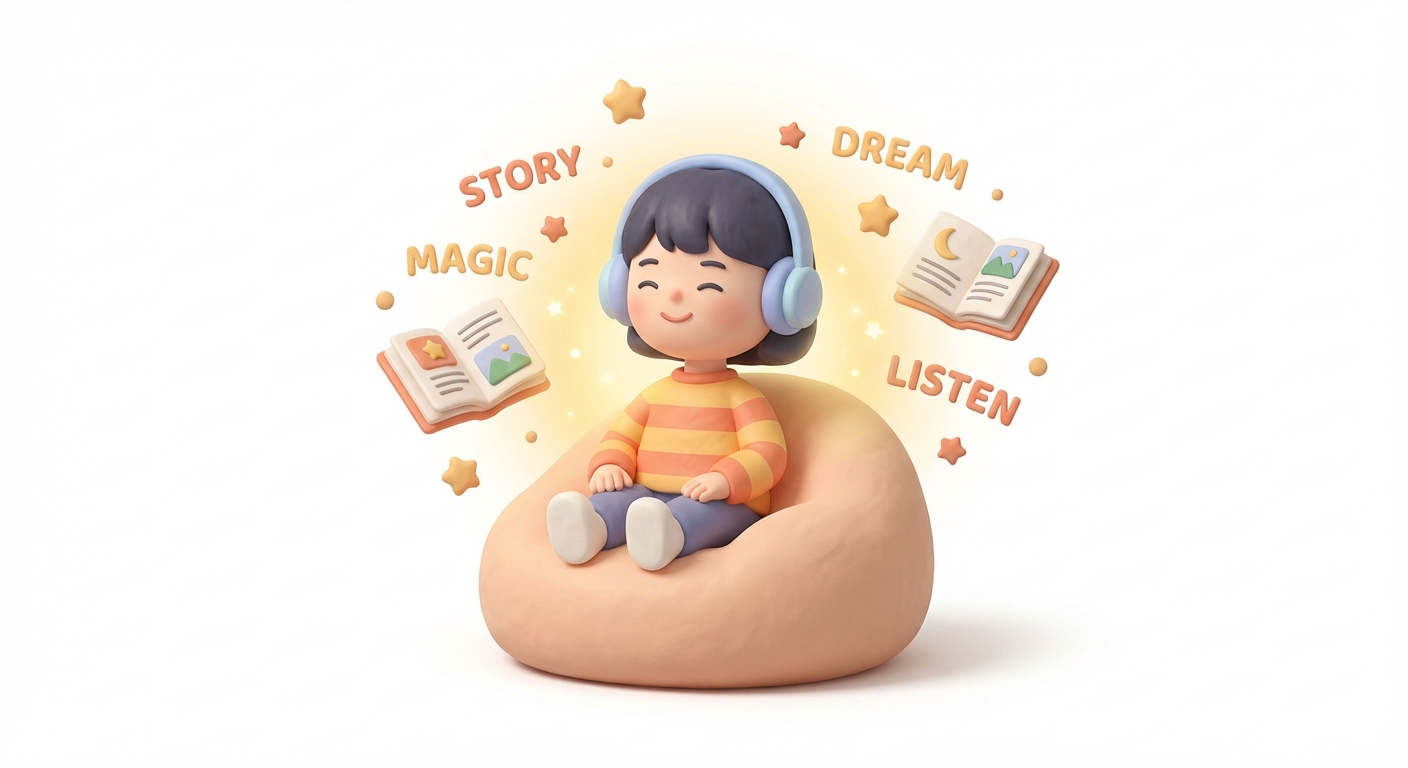 아이가 헤드폰을 끼고 오디오북을 듣는 모습