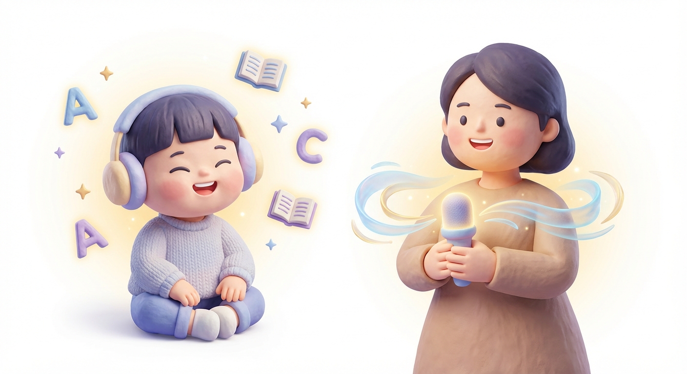 A happy child listening to English stories with headphones