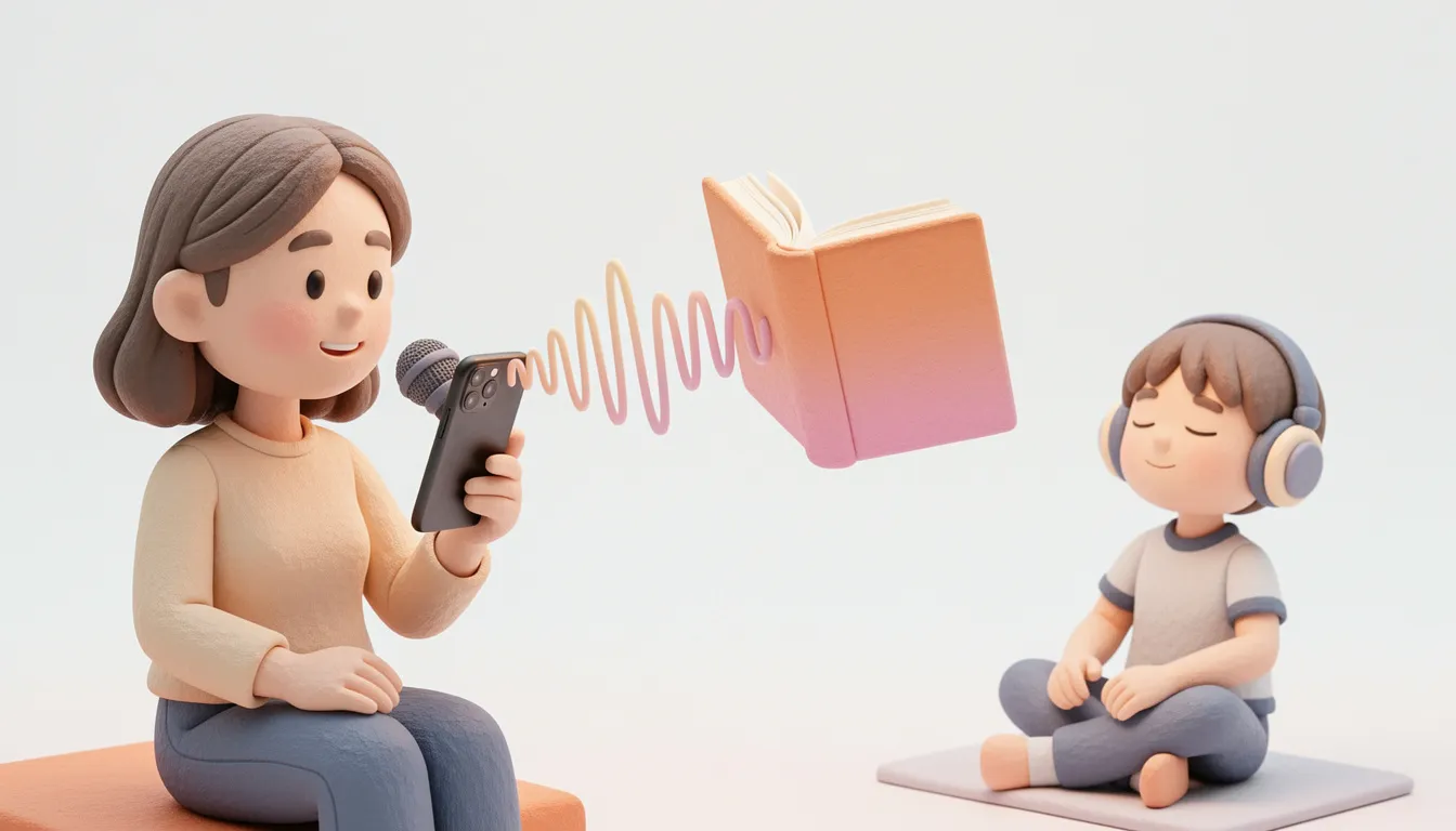 부모가 목소리를 녹음하고 아이가 오디오북을 듣는 장면